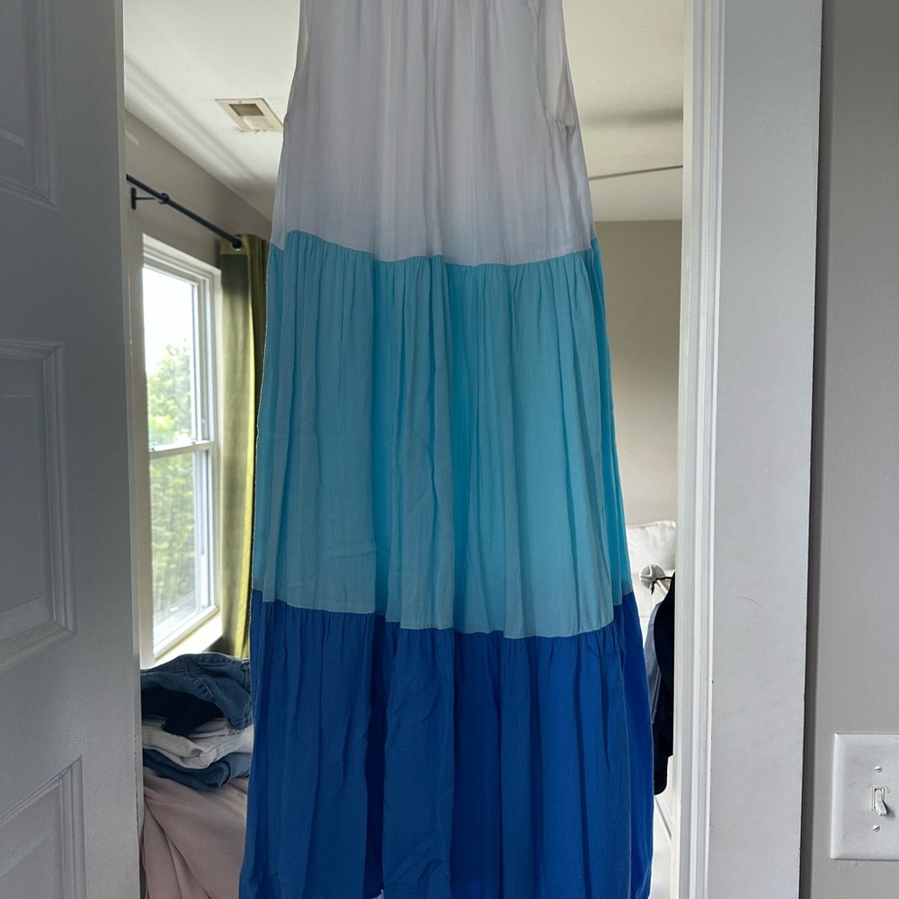 L Love Blue and White Tiered Sleeveless Maxi Dress- S